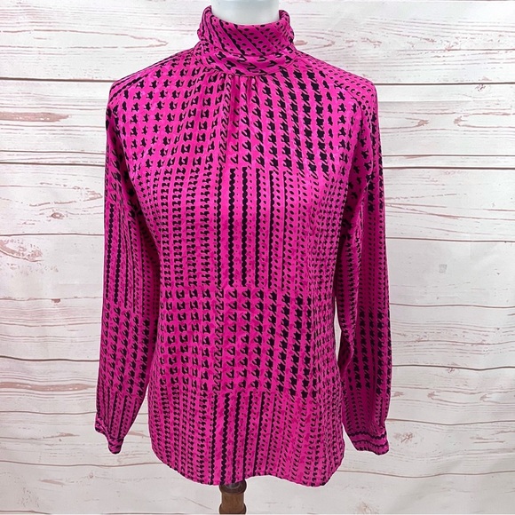 Vintage Eva Laurel Hot Pink Fuchsia Houndstooth Button Up Blouse - Picture 1 of 7
